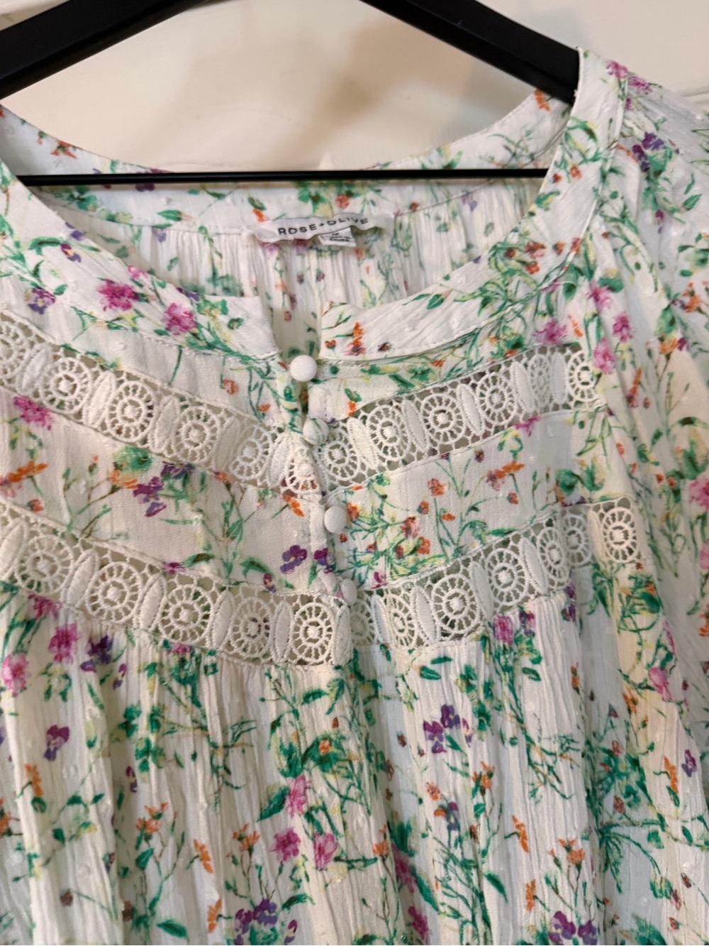 Rose & Olive Cream Floral Crochet-Yoke Peasant Blouse Flowy - Picture 5 of 9